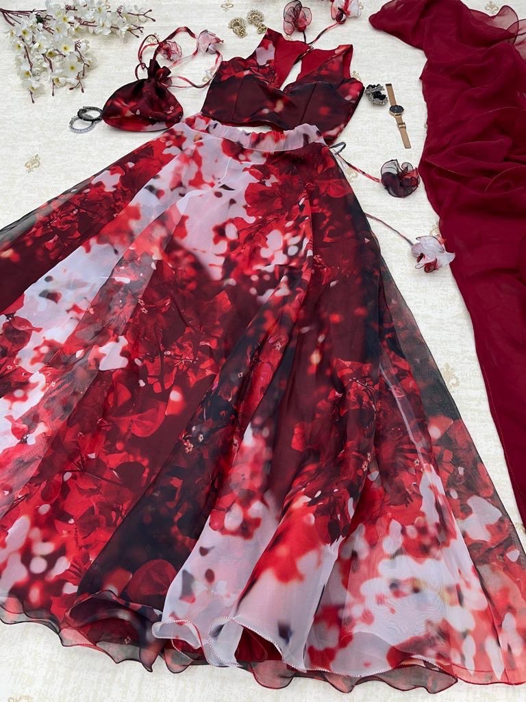 Stylish Hot Maroon Organza Silk Floral Printed Lehenga Choli Set - Ethnicwish