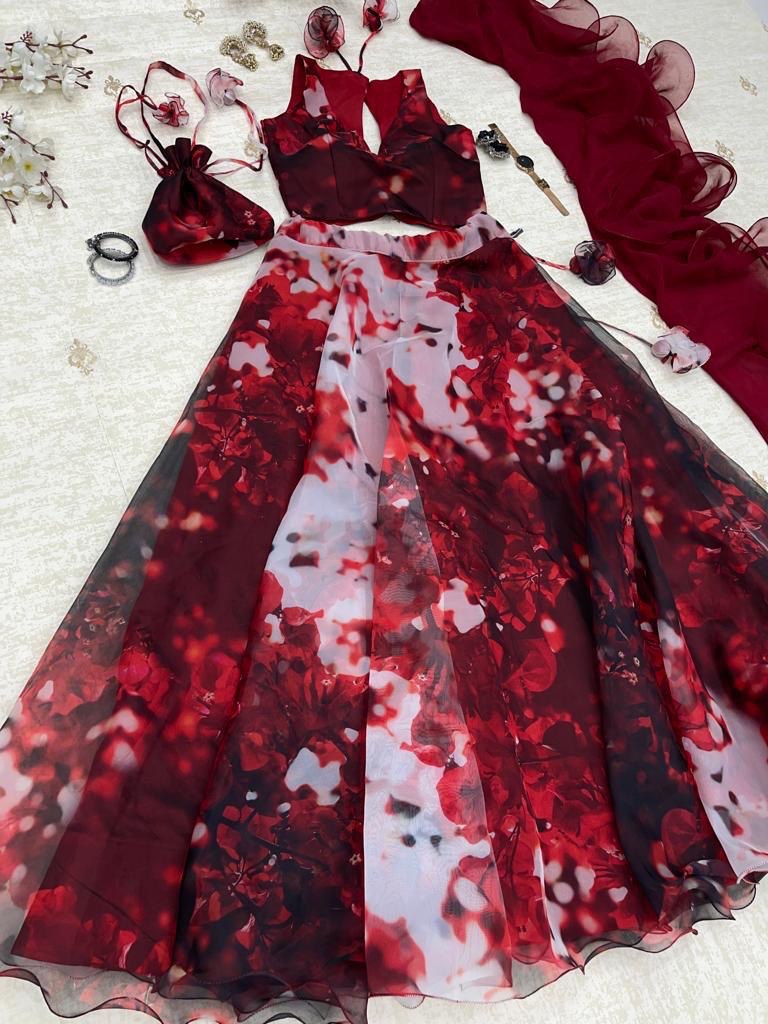 Stylish Hot Maroon Organza Silk Floral Printed Lehenga Choli Set - Ethnicwish
