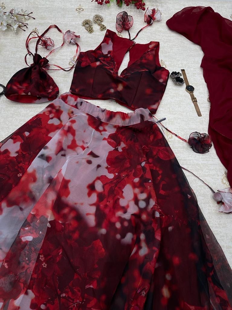 Stylish Hot Maroon Organza Silk Floral Printed Lehenga Choli Set - Ethnicwish