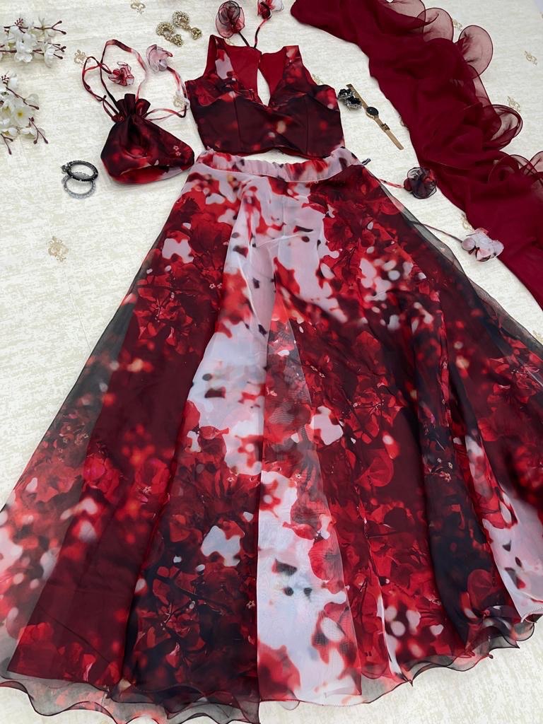 Stylish Hot Maroon Organza Silk Floral Printed Lehenga Choli Set - Ethnicwish