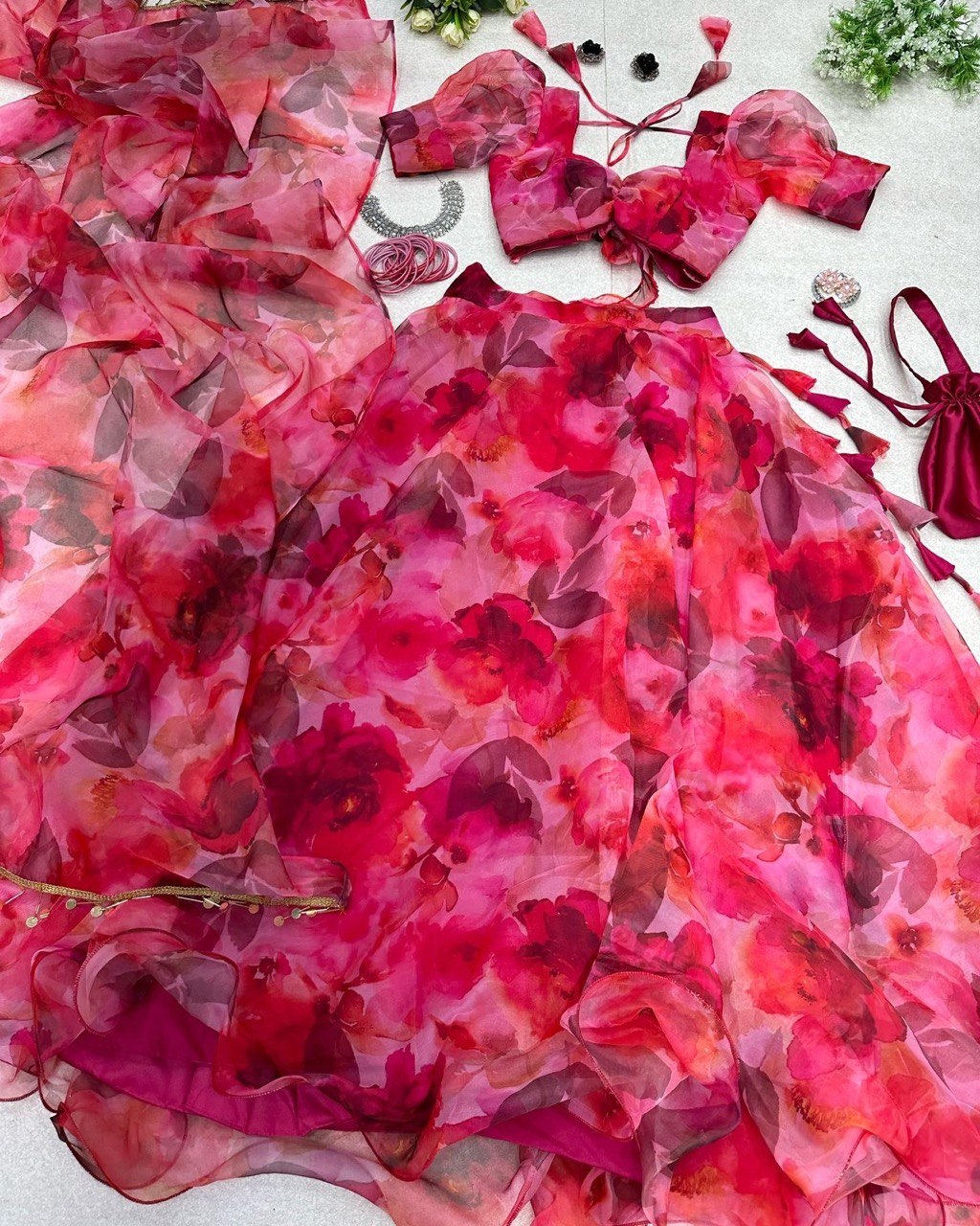 Ravishing Hot Pink Organza Silk Floral Printed Lehenga Choli Set - Ethnicwish