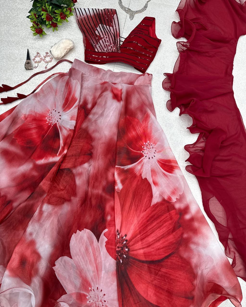 Fabulous Beautiful Flower Printed Organza Silk Lehenga Choli - Ethnicwish