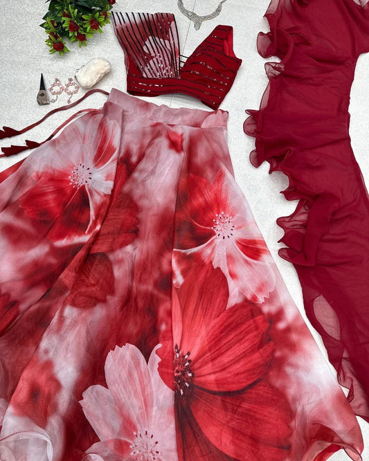 Fabulous Beautiful Flower Printed Organza Silk Lehenga Choli - Ethnicwish