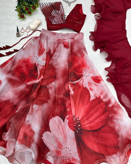 Fabulous Beautiful Flower Printed Organza Silk Lehenga Choli - Ethnicwish
