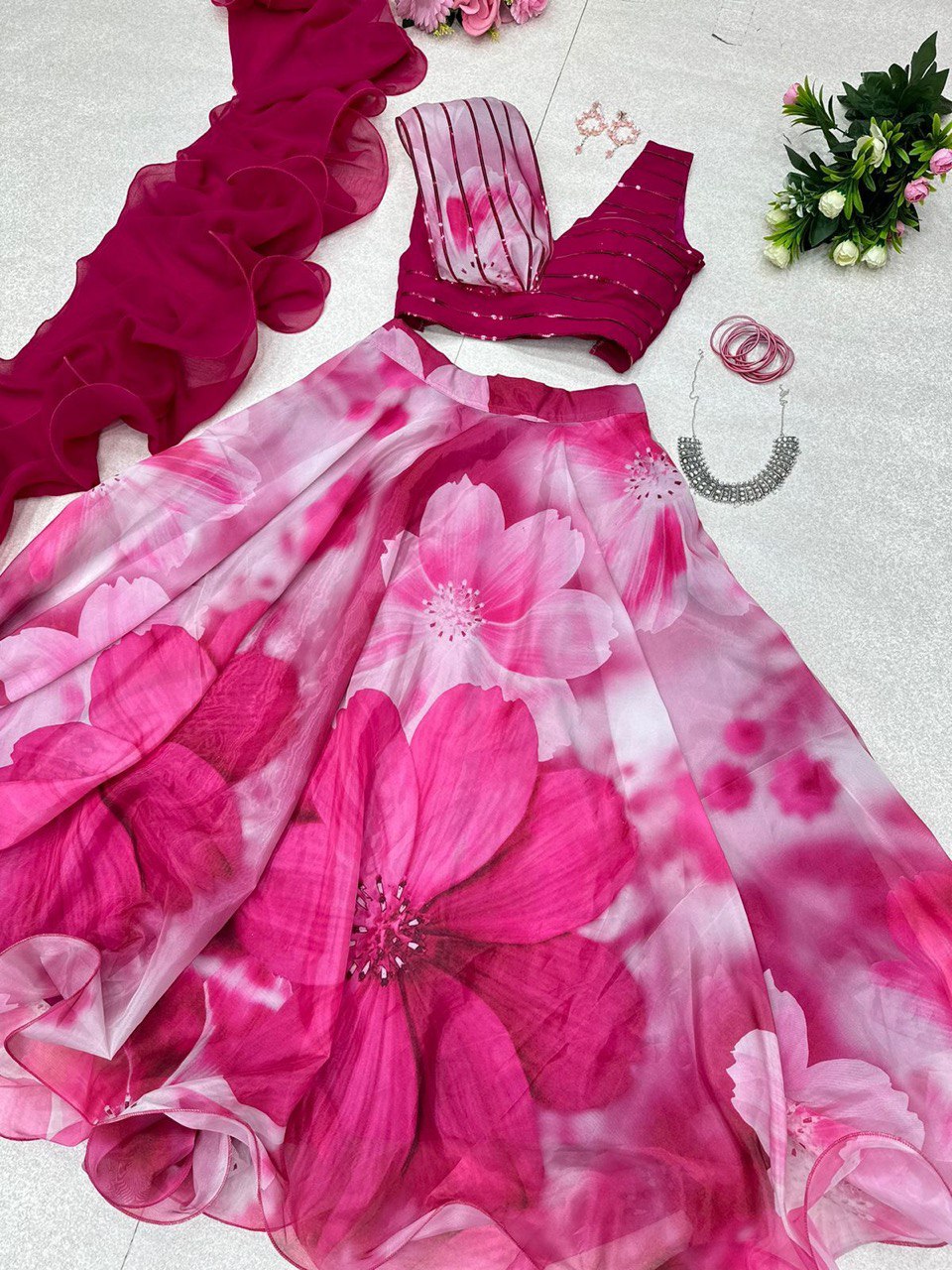 Fabulous Beautiful Flower Printed Organza Silk Lehenga Choli - Ethnicwish