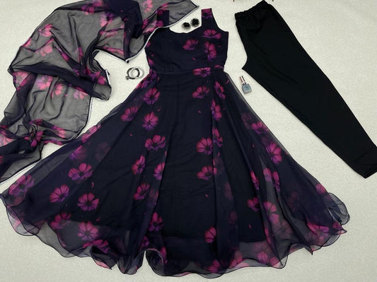 Alluring Black Georgette Silk Fully Stitched Floral Anarkali Pant Suit - Ethnicwish