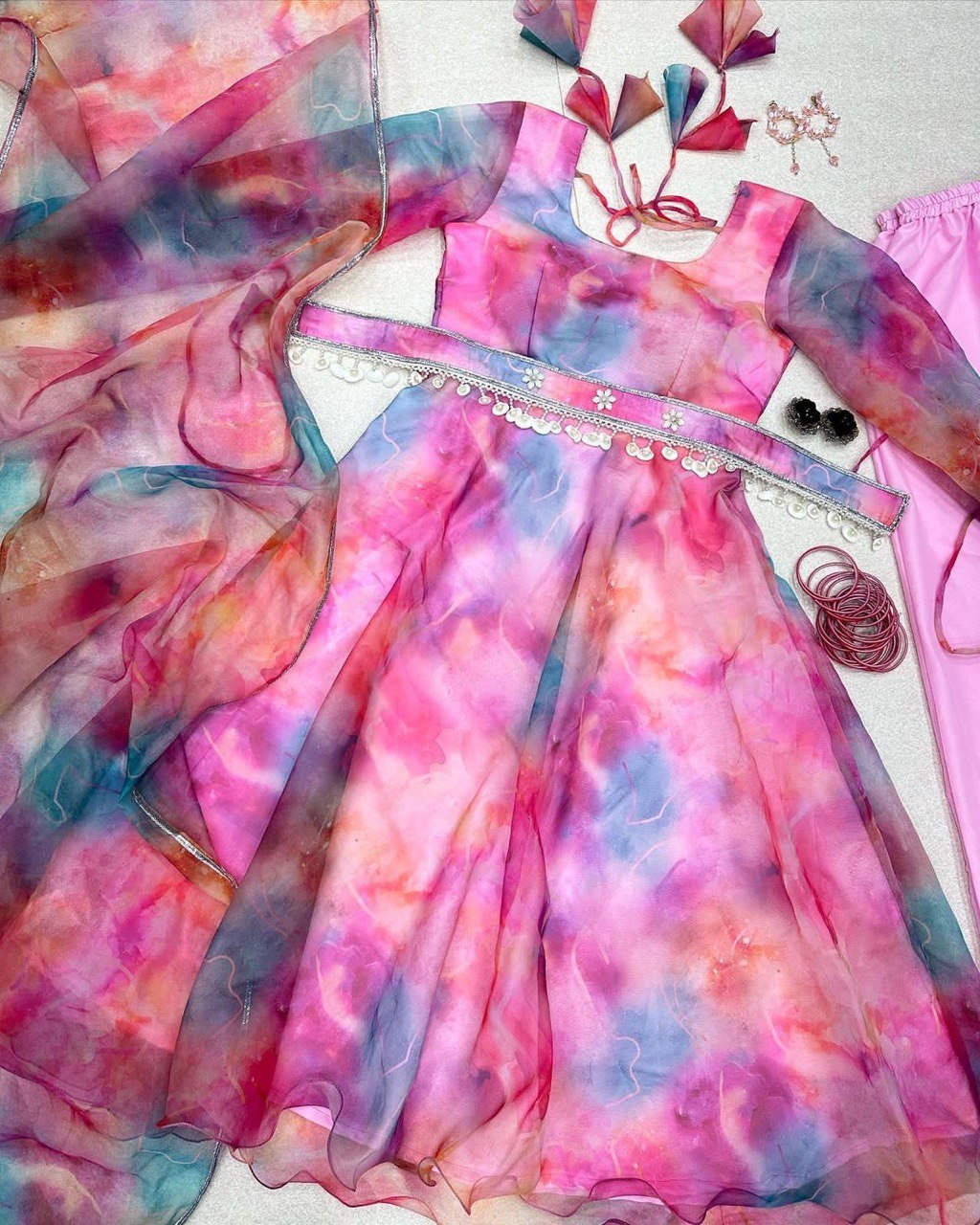 Luminous Pink Organza Silk Floral Digital Printed Anarkali Pant Suit - Ethnicwish