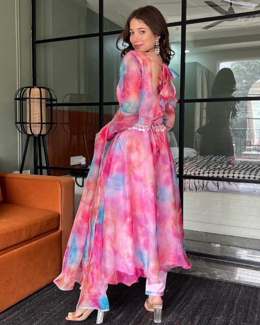 Luminous Pink Organza Silk Floral Digital Printed Anarkali Pant Suit - Ethnicwish
