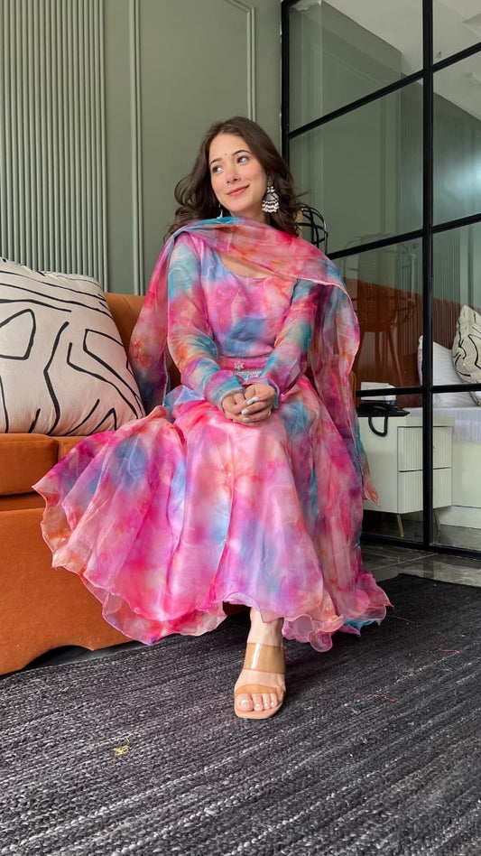 Luminous Pink Organza Silk Floral Digital Printed Anarkali Pant Suit - Ethnicwish