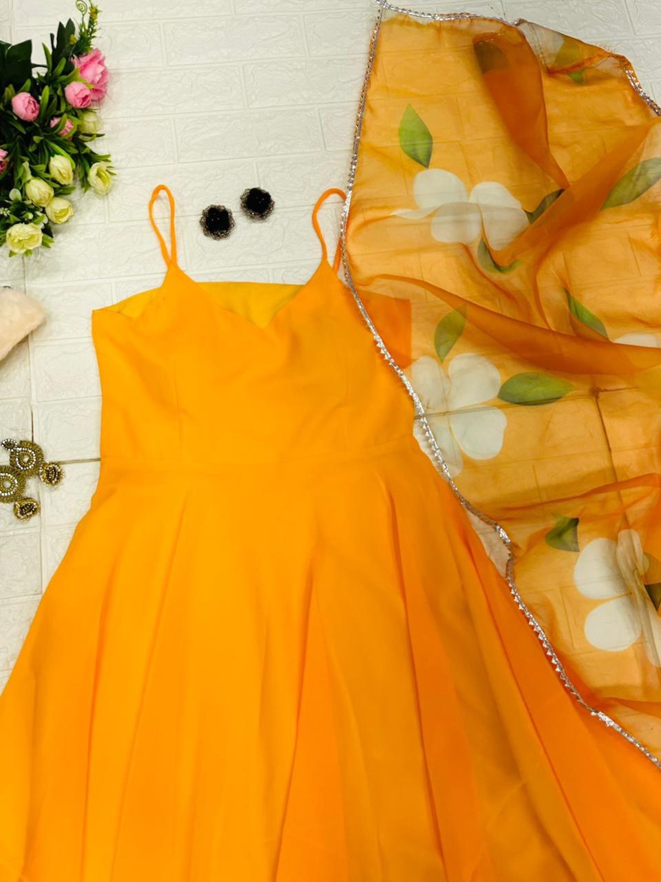 Resplendent Georgette Plain Gown With Floral Dupatta Set - Ethnicwish