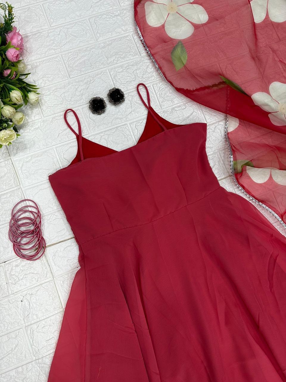 Resplendent Georgette Plain Gown With Floral Dupatta Set - Ethnicwish
