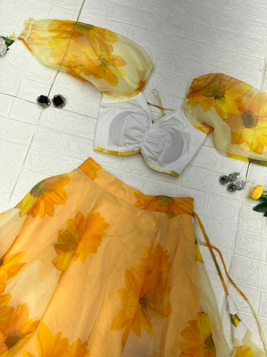 Enticing Yellow Organza Silk Floral Printed Lehenga Choli Set - Ethnicwish