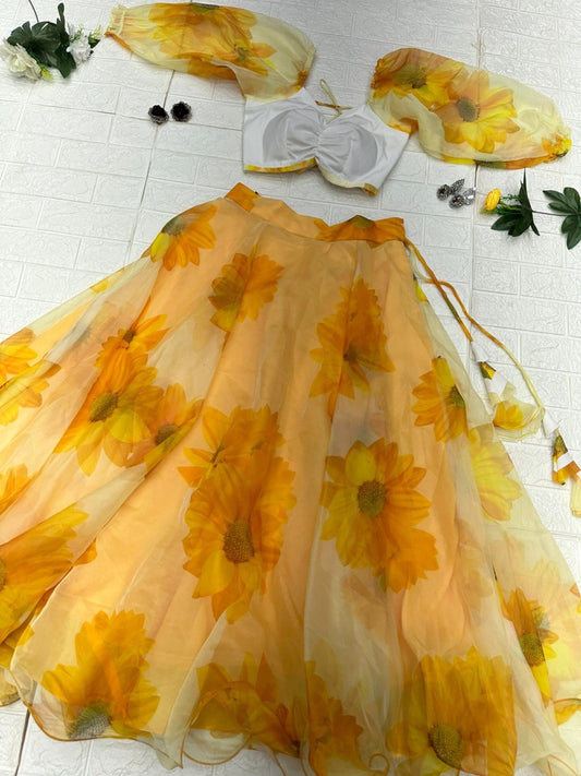 Enticing Yellow Organza Silk Floral Printed Lehenga Choli Set - Ethnicwish