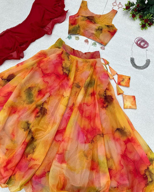 Winsome Yellow Organza Silk Floral Printed Stitched Lehenga Choli Set - Ethnicwish