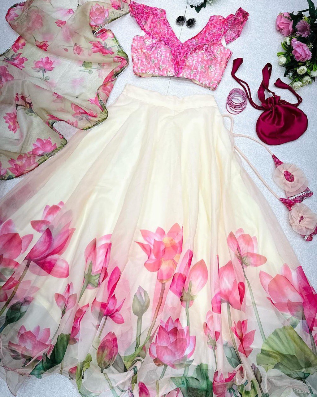 Posh Cream Organza Silk Floral Printed Stitched Lehenga Choli Set - Ethnicwish