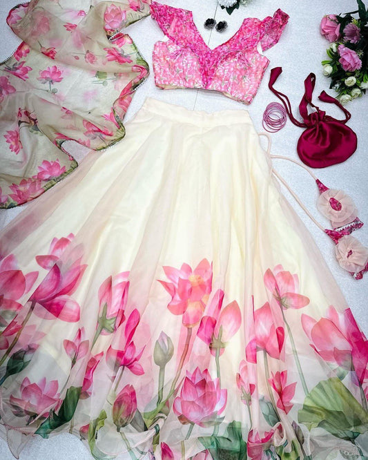 Posh Cream Organza Silk Floral Printed Stitched Lehenga Choli Set - Ethnicwish