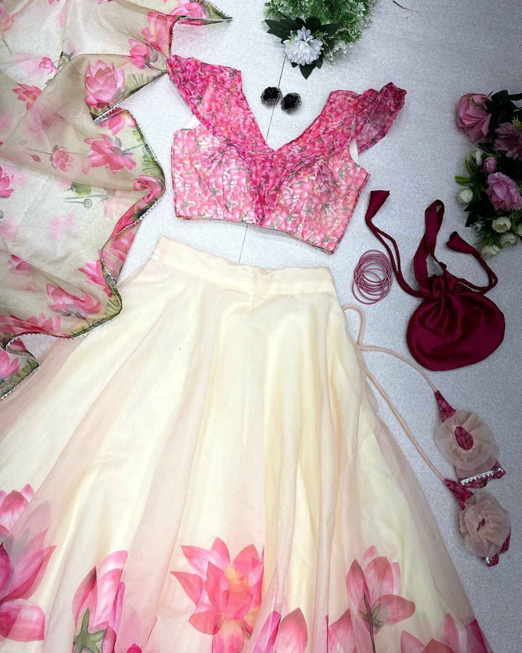 Posh Cream Organza Silk Floral Printed Stitched Lehenga Choli Set - Ethnicwish