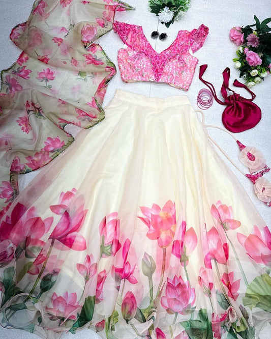 Posh Cream Organza Silk Floral Printed Stitched Lehenga Choli Set - Ethnicwish