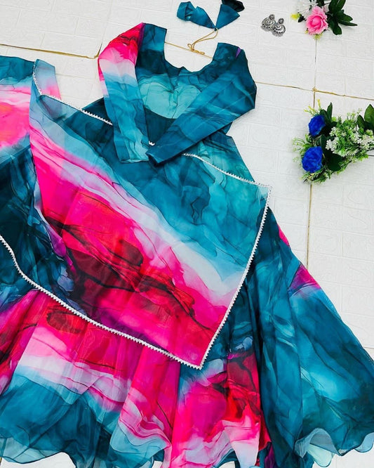 Prepossessing Blue Organza Silk Digital Printed Fully Stitched Gown With Dupatta - Ethnicwish