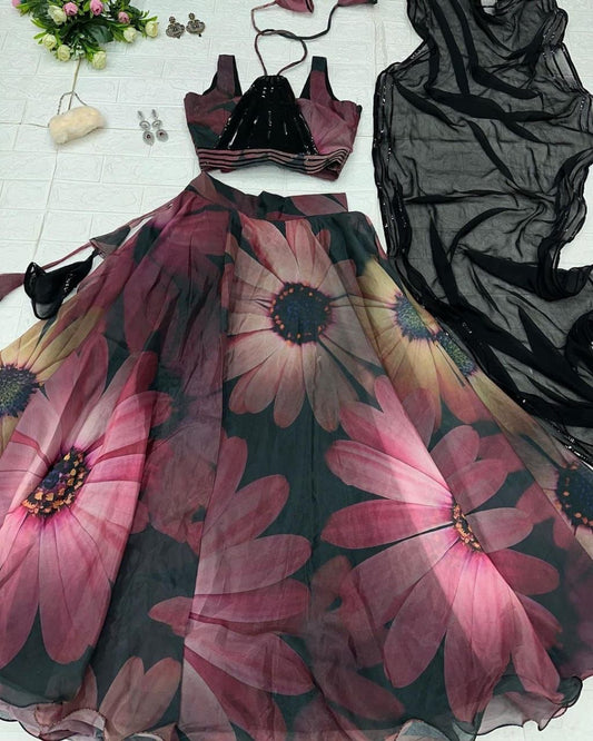 Classy Black Organza Silk Floral Printed Stitched Lehenga Choli Set - Ethnicwish
