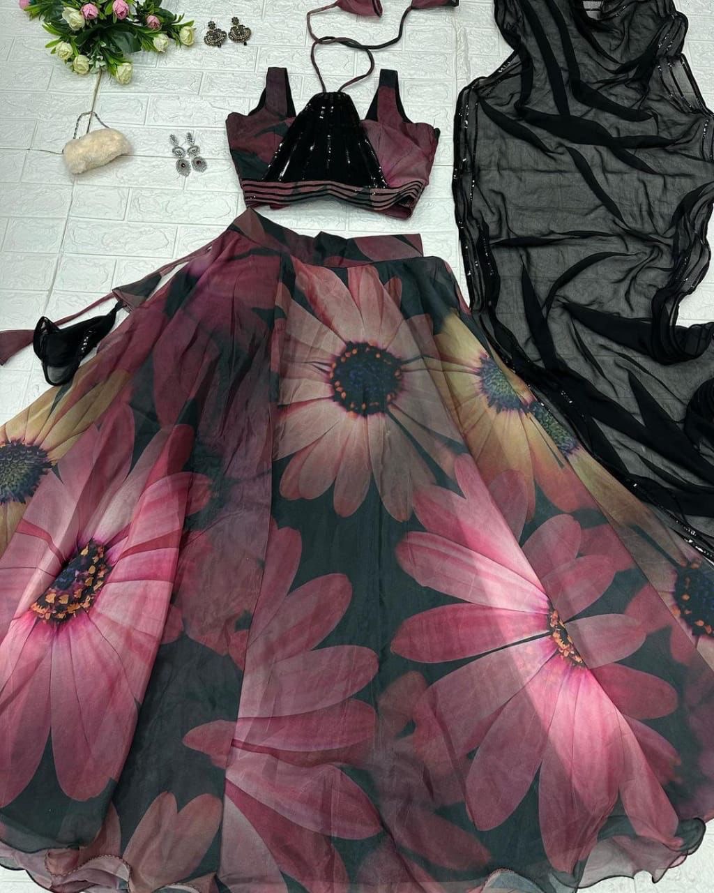 Classy Black Organza Silk Floral Printed Stitched Lehenga Choli Set - Ethnicwish