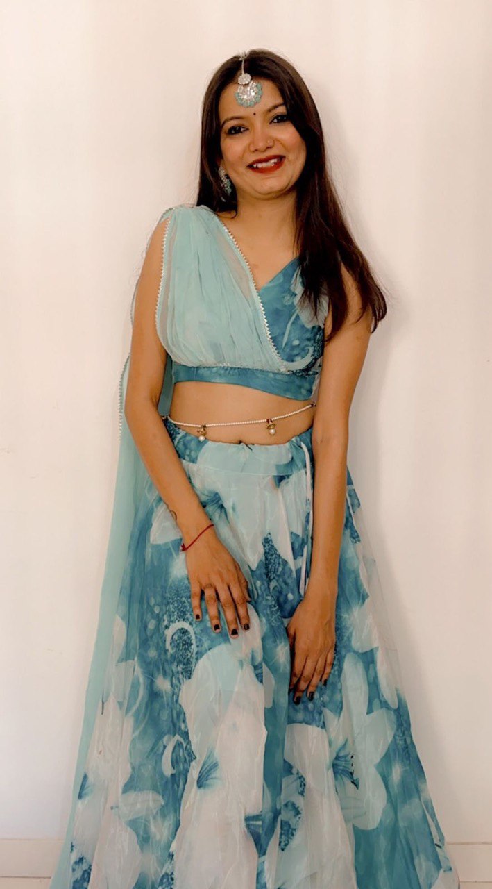 Sky Blue Floral Organza Silk Lehenga Choli Set – Elegant & Festive Wear - Ethnicwish