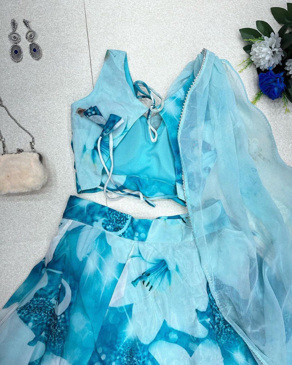 Sky Blue Floral Organza Silk Lehenga Choli Set – Elegant & Festive Wear - Ethnicwish