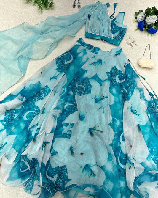 Sky Blue Floral Organza Silk Lehenga Choli Set – Elegant & Festive Wear - Ethnicwish
