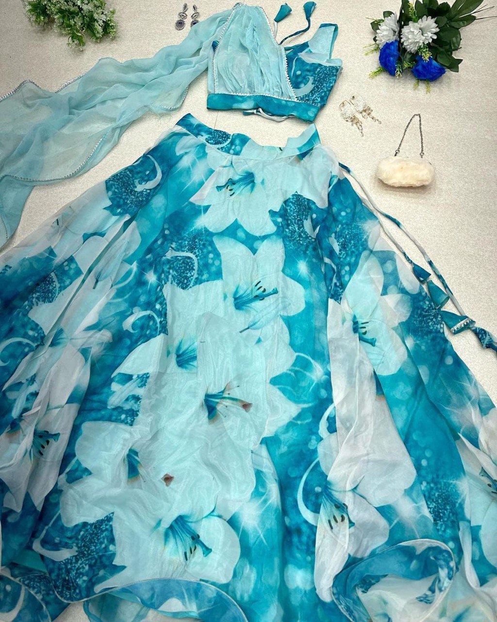 Sky Blue Floral Organza Silk Lehenga Choli Set – Elegant & Festive Wear - Ethnicwish