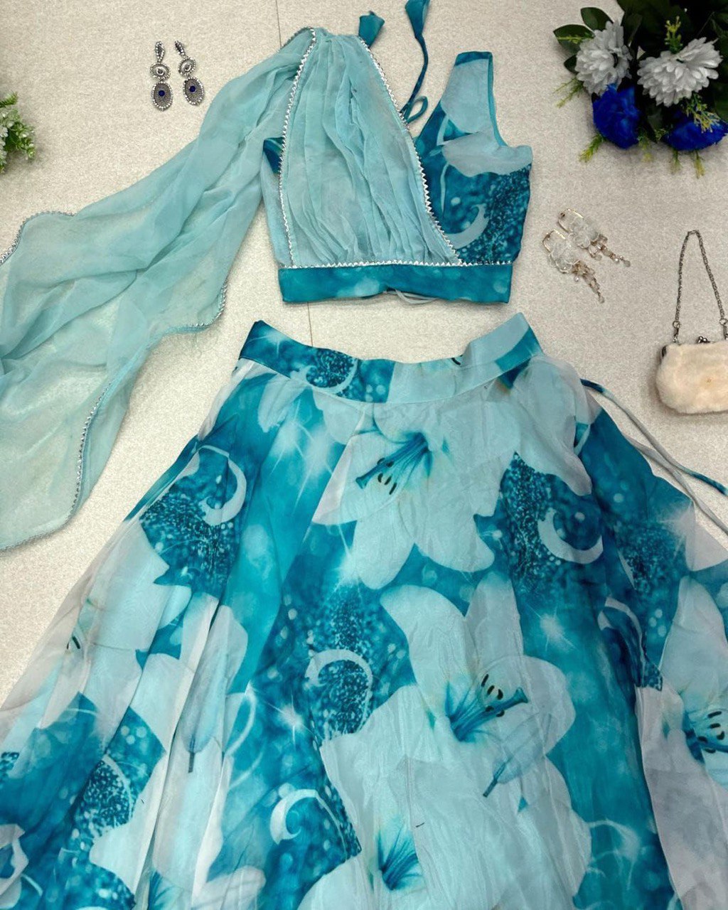 Sky Blue Floral Organza Silk Lehenga Choli Set – Elegant & Festive Wear - Ethnicwish