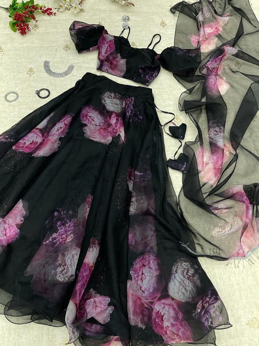 Elegant Black Organza Silk Floral Printed Lehenga Choli Set – Stitched for Festive Occasions - Ethnicwish