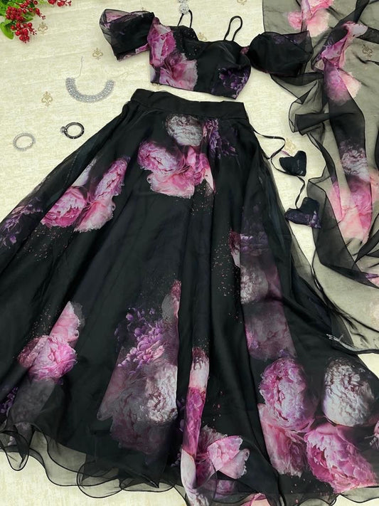 Elegant Black Organza Silk Floral Printed Lehenga Choli Set – Stitched for Festive Occasions - Ethnicwish