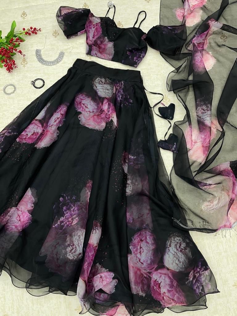 Elegant Black Organza Silk Floral Printed Lehenga Choli Set – Stitched for Festive Occasions - Ethnicwish