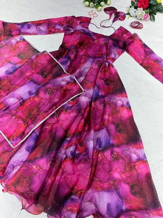 Enamoring Organza Silk Digital Printed Fully Stitched Gown With Dupatta - Ethnicwish