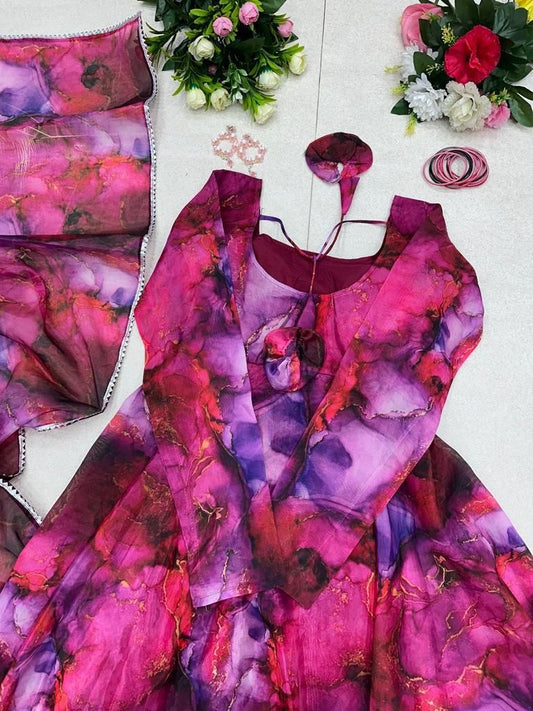 Enamoring Organza Silk Digital Printed Fully Stitched Gown With Dupatta - Ethnicwish