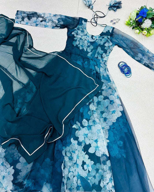 Mesmerizing Organza Silk Digital Printed Gown with Dupatta – For Elegant Events - Ethnicwish