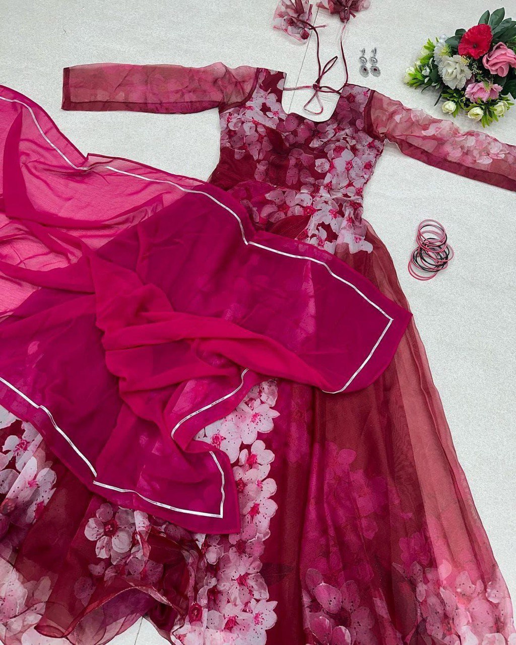 Mesmerizing Organza Silk Digital Printed Gown with Dupatta – For Elegant Events - Ethnicwish