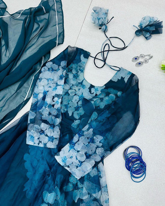 Mesmerizing Organza Silk Digital Printed Gown with Dupatta – For Elegant Events - Ethnicwish