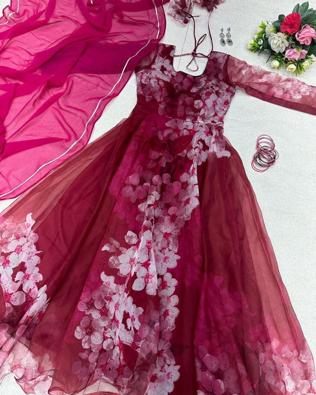 Mesmerizing Organza Silk Digital Printed Gown with Dupatta – For Elegant Events - Ethnicwish
