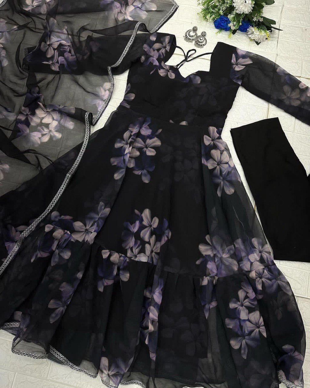 Enchanting Black Georgette Silk Stitched Floral Anarkali Pant Suit - Ethnicwish
