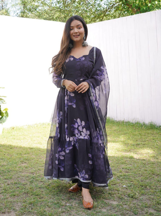 Enchanting Black Georgette Silk Stitched Floral Anarkali Pant Suit - Ethnicwish