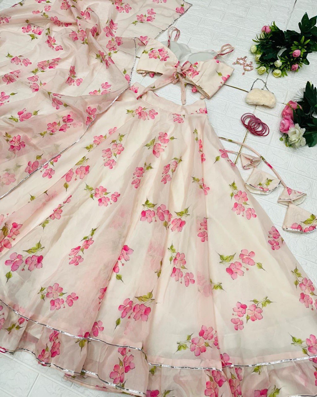 Skin Colored Floral Organza Silk Lehenga Choli Set – Elegant & Festive Wear - Ethnicwish