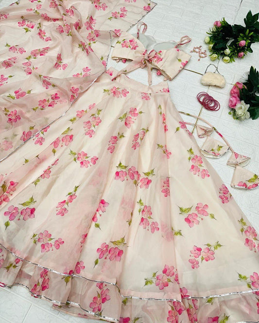 Skin Colored Floral Organza Silk Lehenga Choli Set – Elegant & Festive Wear - Ethnicwish