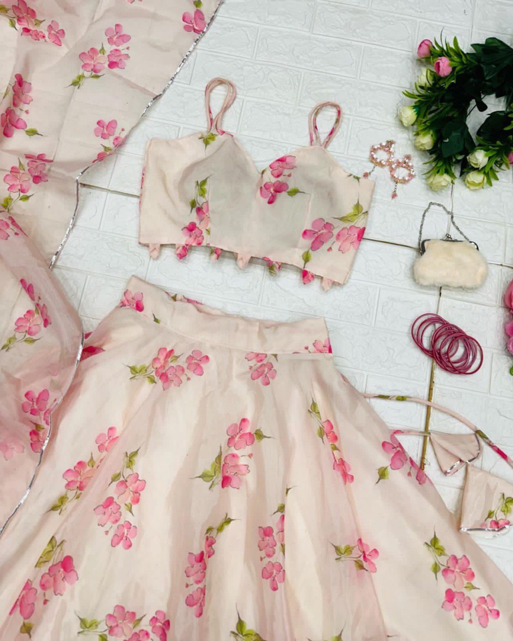 Skin Colored Floral Organza Silk Lehenga Choli Set – Elegant & Festive Wear - Ethnicwish