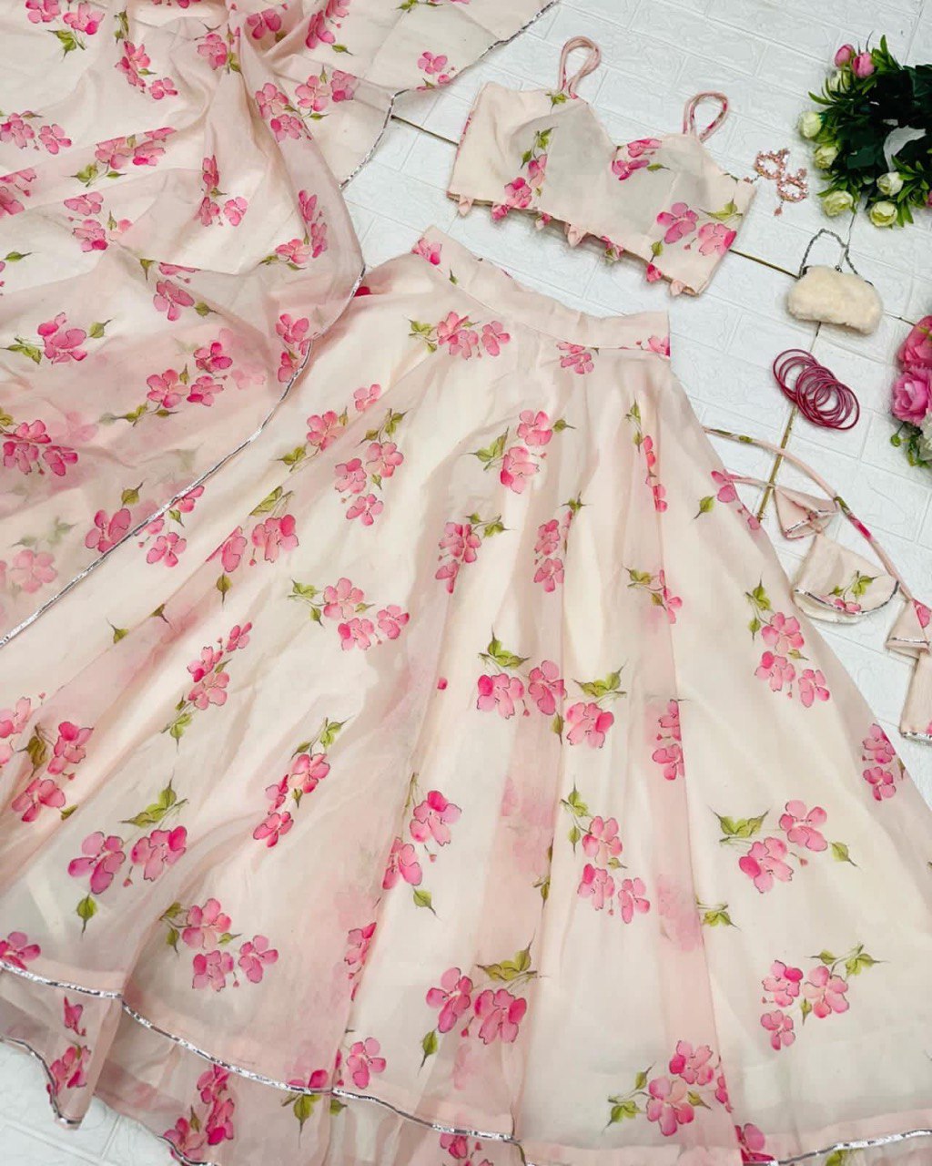Skin Colored Floral Organza Silk Lehenga Choli Set – Elegant & Festive Wear - Ethnicwish