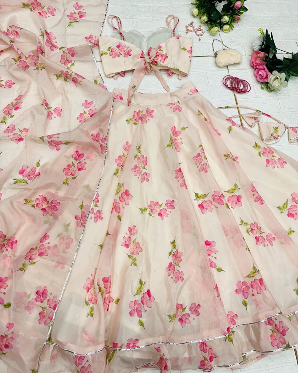 Skin Colored Floral Organza Silk Lehenga Choli Set – Elegant & Festive Wear - Ethnicwish