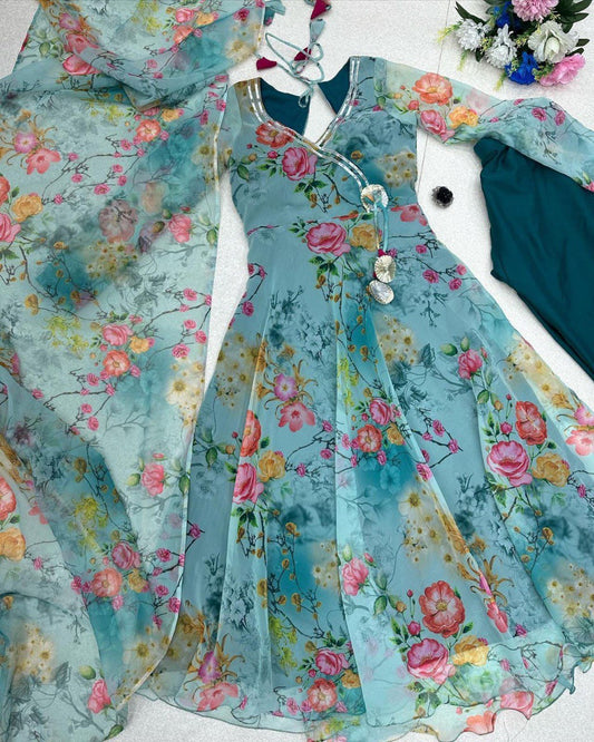 Winsome Rama Georgette Silk Floral Anarkali Pant Suit - Ethnicwish