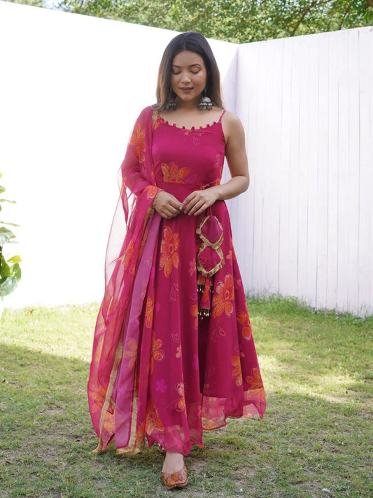 Prepossessing Maroon Georgette Silk Stitched Floral Anarkali Pant Suit - Ethnicwish