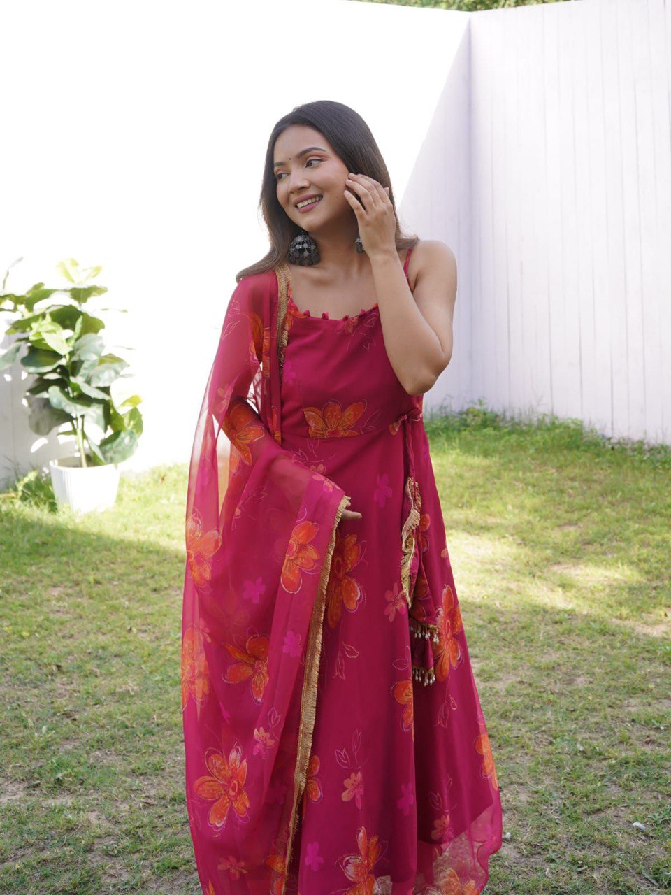 Prepossessing Maroon Georgette Silk Stitched Floral Anarkali Pant Suit - Ethnicwish