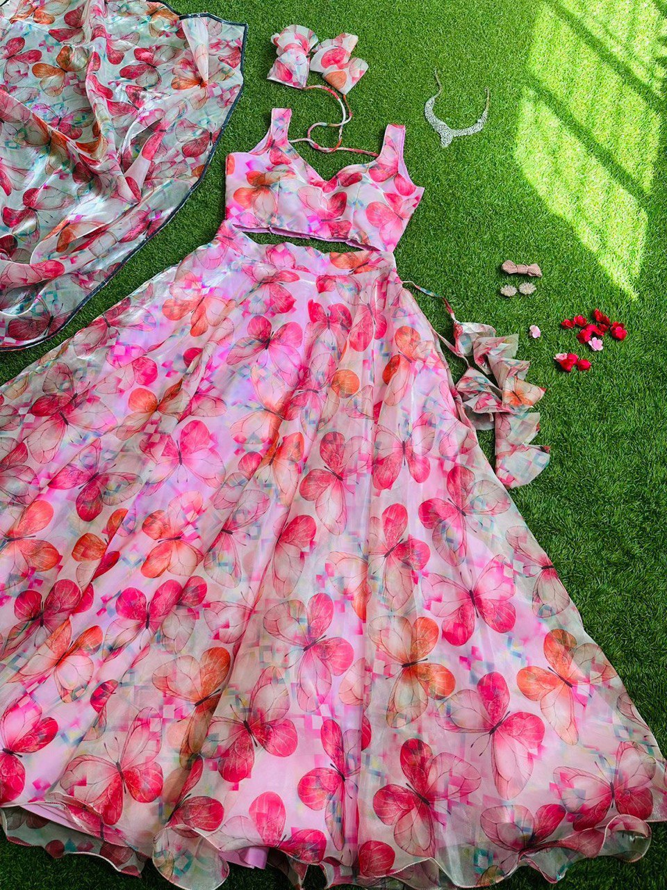 Pink Colored Floral Organza Silk Lehenga Choli Set – Elegant & Festive Wear - Ethnicwish